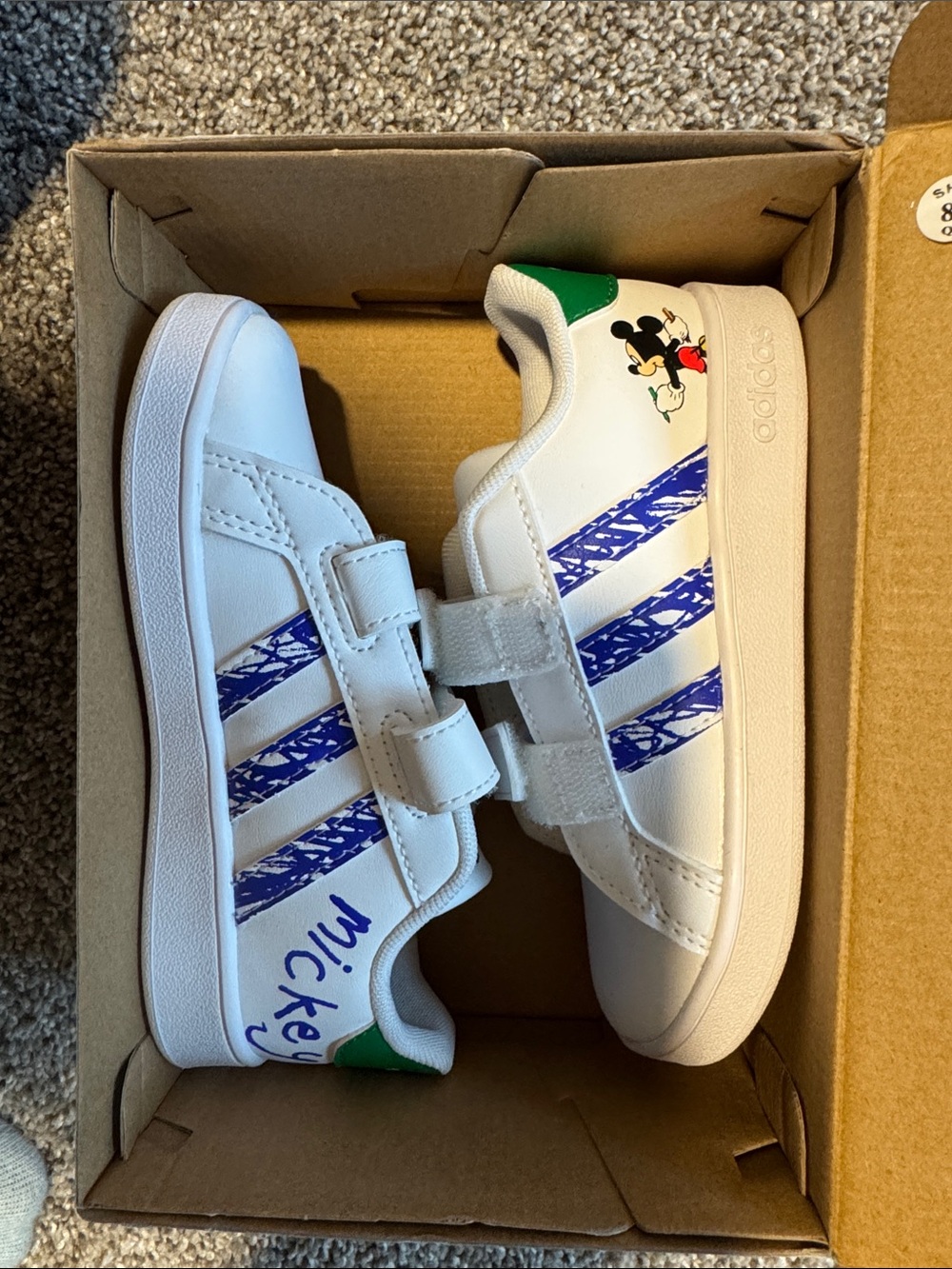 adidas White Kids Sneakers with Blue Stripes and Green Heel - Mickey Accent